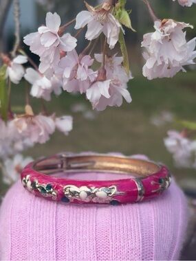 Hand-Painted Floral Pink Cloisonné Bangle Bracelet